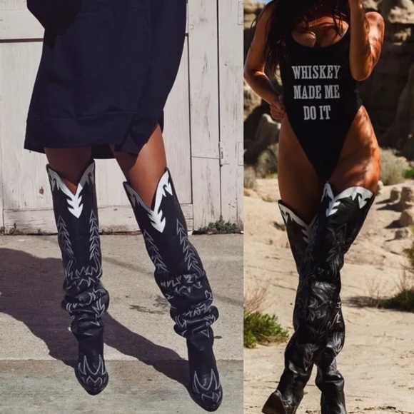 Shoes - Black and white over the knee western slouchy boot